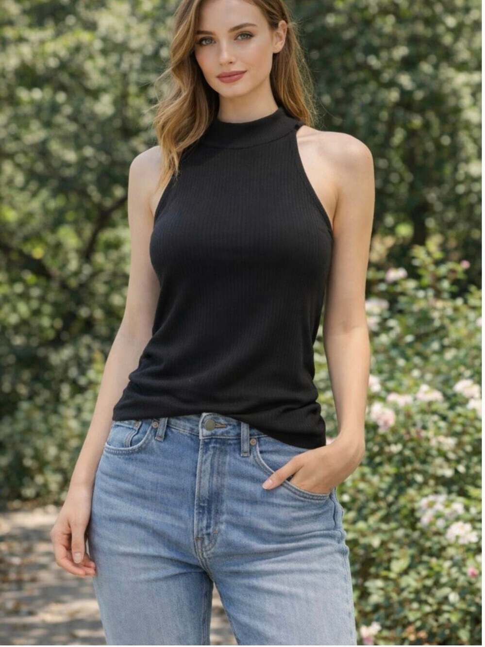 Maeve by Anthropologie Black Ribbed Mock Neck Halter Top Size S